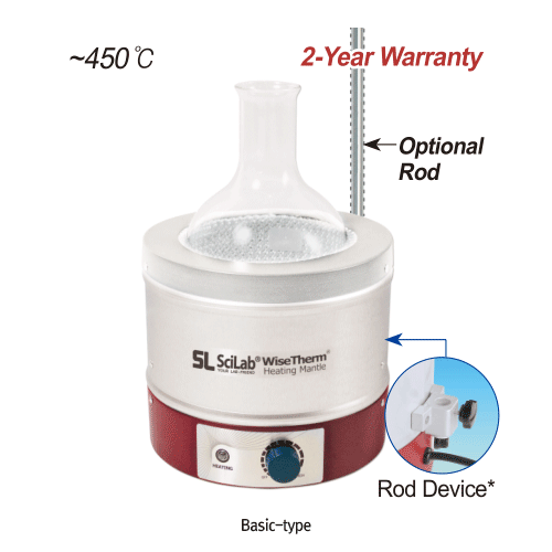 SciLab® Aluminum-case Round Flask Heating Mantle, (1) Basic & (2) Stirring-type, 450℃, 50~30,000㎖ With Built-in Temp Controller, with/without Mag-stir Speed Control, with Certi. & Traceability 라운드플라스크용 히팅맨틀, 온도 조절기와 Ni-Cr 열선 내장, “기본형” 및 “자석교반형”