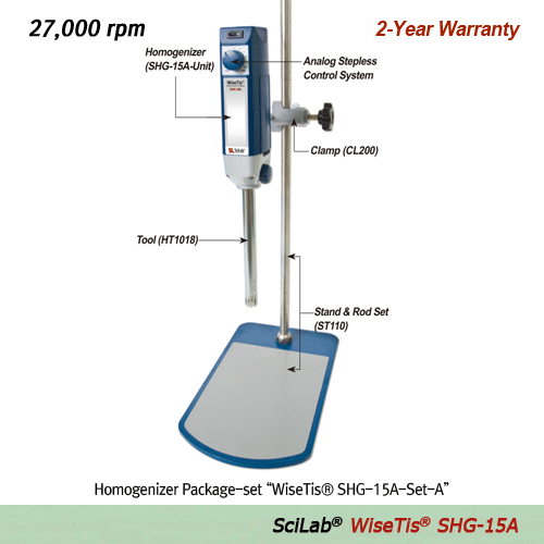 SciLab® Homogenizer with Direct Controller “WiseTis® SHG-15A”, up to 27,000 rpm, 1~2,500㎖ With Analog Stepless Control System, High Efficiency Dispersing Tools, High-Speed·High-Quality·Low Noise 균질기/호모지나이저, 아날로그 컨트롤러 내장, 초고속/저소음 모터