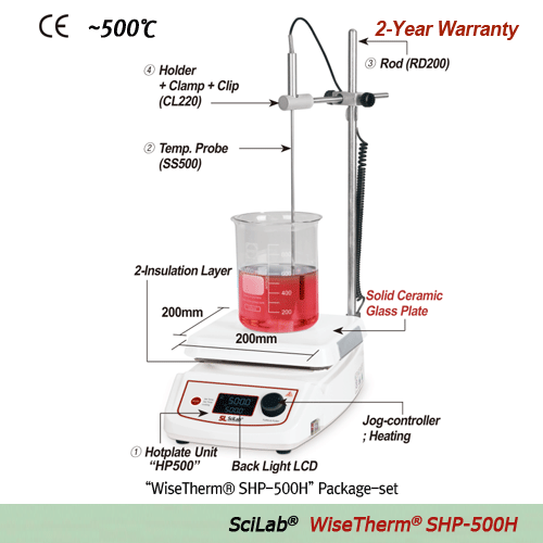 SciLab® Premium 500℃ High-Temp Hotplate “WiseTherm® SHP-500HS & 500H”, Solid Ceramic Glass Plate, 200×200mm With Large LCD, Optimum Insulation Layer, Accurate Temp Control, Touch-button Controller, Hot-Top Indicator, Max. 500℃, Accu. ±0.3℃ 고온용 디지털 가열판, PI