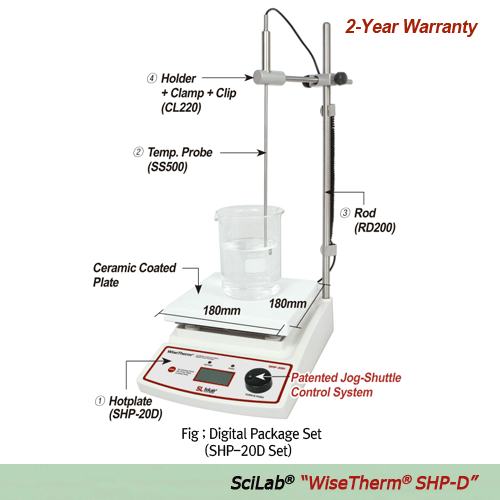 SciLab® 380℃ Analog & Digital Hotplate “WiseTherm® SHP-A” & “WiseTherm® SHP-D”, Ceramic-Coated Plate 180×180- or 260×260-mm Plate, with High Temp Uniformity, CE Certified, with Certi. & Traceability 아날로그 & 디지털 정밀 가열판, 우수한 온도균일성 & 경제성, 세라믹 코팅 플레이트