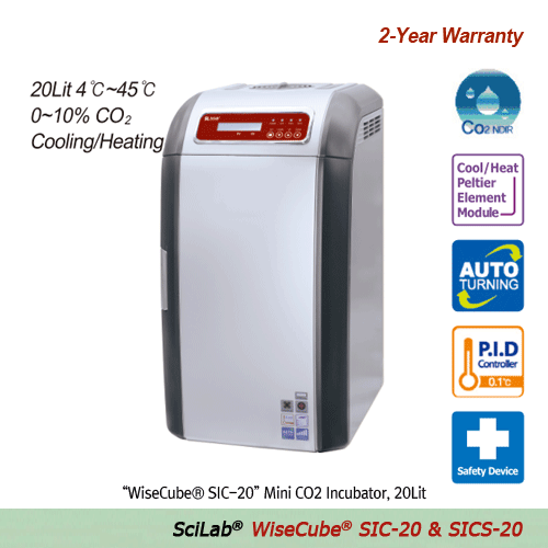 SciLab® 20Lit Mini CO2 Incubator & CO2 Shaking Incubator “WiseCube® SIC-20 & SICS-20”, 4℃~45℃ & 0~10% CO2 Programmable PID Controlled 0.1℃ & 0.1%, Compact Design for Saving Space/Money, Ideal for Cell/Tissue Culture With Cooling/Heating system of Peltier 