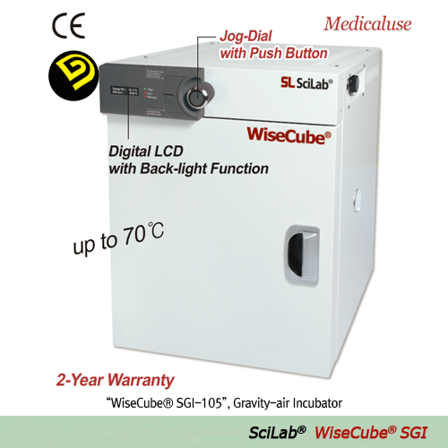 SciLab® Gravity-air Incubator “WiseCube® SGI”, 3-Side Heating Zone, 32·50·105·155 Lit, Medicaluse(230V)  With 2 Wire Shelf, Digital PID Control, Jog-Dial & Push Button, Digital LCD with Backlight, Certi. & Traceability, up to 70℃, ±0.2℃  자연 대류식 배양기/인큐베이터,