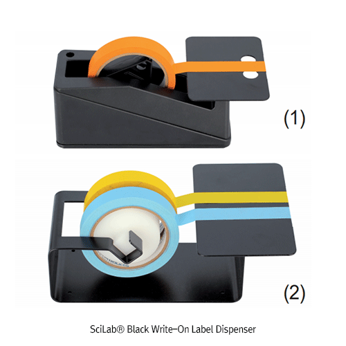 SciLab® Black Write-On Label Dispenser, for Label Tape, 1·2·4-Roll  With Smooth Writing Platform and Serrated Cutting Edge, Stable Footprint, 라벨 디스펜서