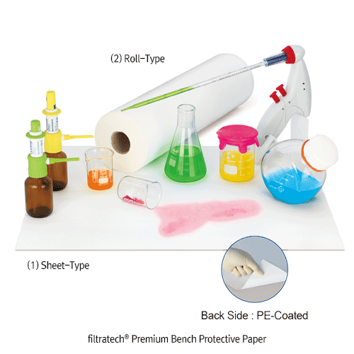 filtratech® Premium Bench Protective Paper, Sheet & Roll-Type, for Prevent Impacts·Acids·Toxic  Made of an Absorbent Paper & PE-Coated Film, <France-Made> 프리미엄 실험실 벤치 보호 매트