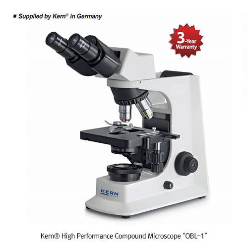 Kern® High Performance Compound Microscope “OBL-1”, Pre-centered, Koehler illumination, 40×~ 1000×  With 3W LED illumination, Butterfly Tube, 1.25 Abbe Condenser, Fully-Equipped Mechanical Stage, 고성능 연구용 생물 현미경