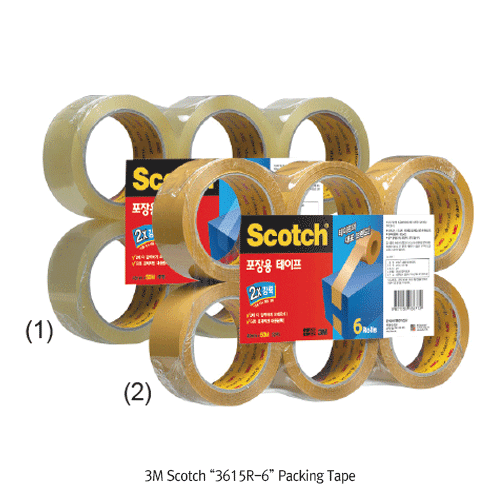 3M® Scotch® “3615R-6” Packing Tape, Transparent & Translucent Milky-Amber  With Water Based Acrylic Adhesive Coated, Odorless, 0.065mm-thick., w48mm×L50m, 박스 테이프, 고급형