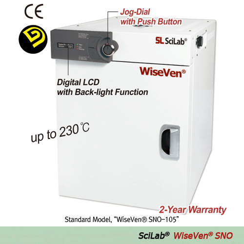 SciLab® Gravity-air Drying Oven “WiseVen® SNO”, 3-Side Heating Zone, 32·50·105·155 Lit, up to 230℃, ±0.5℃  With 2 Wire Shelf, Digital PID Control, Jog-Dial & Push Button, Digital LCD with Back-light, with Certi. & Traceability  자연 대류식 정밀 건조기/오븐, 고정밀 디지털 퍼