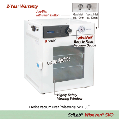SciLab® Gas Exchangeable Precise Vacuum Drying Oven “WiseVen® SVO”, 20·30·70 lit, 10~750 mmhg, 200℃  With Highly Safety View Window, 2 Al-Shelf, digital PID control, Superior Temp & Vacuum Accuracy, Excellent Thermal Conductivity  가스 치환 정밀 진공 건조기/오븐, 고정밀 
