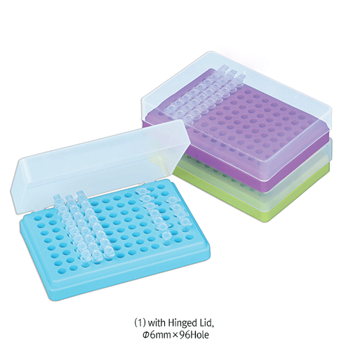 SciLab® 96-Well PCR Tube Rack Box, PP, with Hinged Lid or Separable Lid  With Alpha-Numeric Index, Hole Φ6mm, Stackable, 125/140℃, 0.2㎖ PCR 튜브 랙, 96-Well/홀