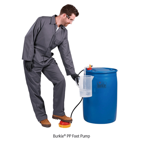 Burkle® PP Foot Pump, for Container Opening Φ30~70mm, 12 & 26 Lit/min.  With PP Immerse Tube and PVC Universal Adapter, 140℃, <Germany-Made> PP 풋 펌프