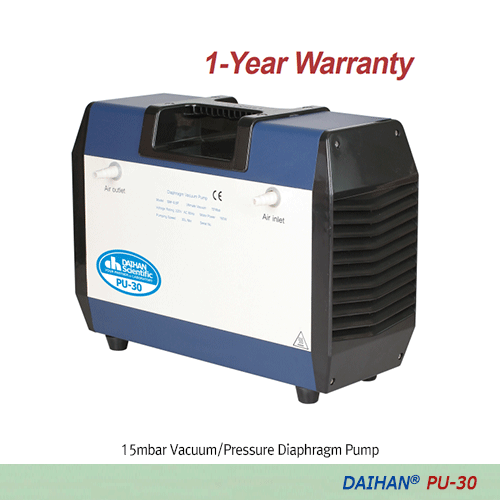 DAIHAN® 15mbar Anticorrosive Vacuum/Pressure Diaphragm Pump “PU-30”, 25psi, 30Lit/min  Ideal for Multi-purpose, Oil-free, Double Heads, 내부식성 진공/압력 다이어프램 펌프, 더블헤드