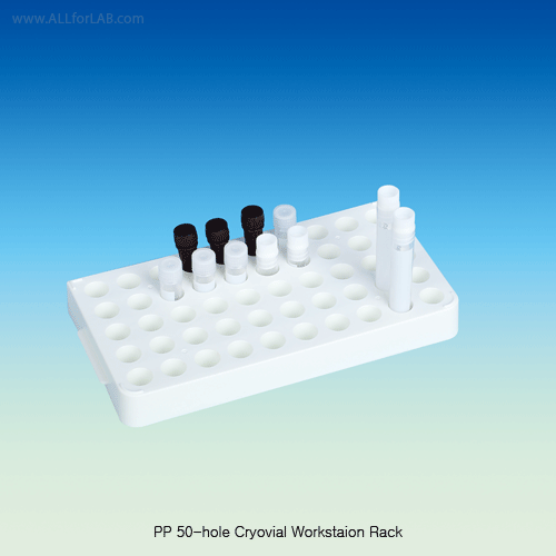SciLab® 50-hole Cryovial Workstaion Rack, PP, for 1.2~5㎖ Cryovials, Locking System  With Vial Locking Sys./Alpha-Numeric Index/Handle, 125/140℃, Cryovial 워크스테이션 랙