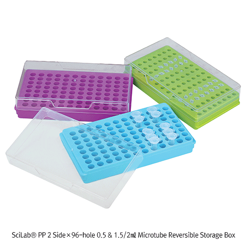 SciLab® PP 2 Side×96-hole 0.5 & 1.5/2㎖ Microtube Reversible Storage Box  Alpha-Numeric Index, Translucent PC Lid, Hole Φ8 & 11.4mm, 2×96 홀 양면 저장 박스, 상/하 양면용