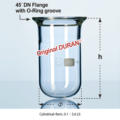 100~20,000㎖ DURAN® Original Vacuum/Pressure Reaction Vessel, Round Bottom, 45°DN-Flange with O-Ring Groove  With Perfect Compatibility, 0.5~2.5 bar, 정품 DURAN® 환저 진공/압력 반응 베셀, O-링 홈부, 완벽한 호환성 표준화 규격