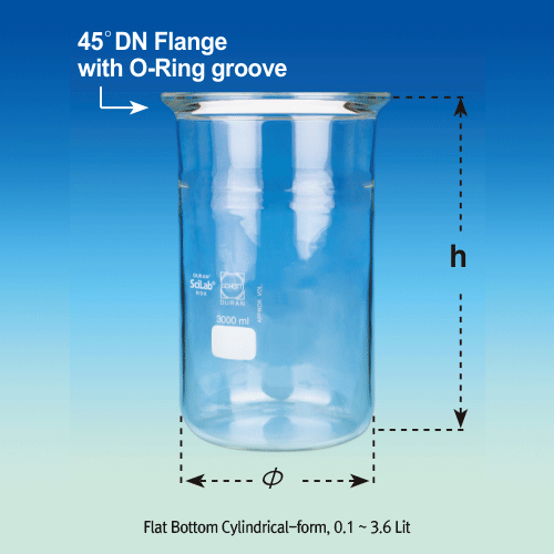 100~20,000㎖ DURAN-glass Flat-bottom Vacuum/Pressure Reaction Vessel, 45°DN-Flange with O-Ring Groove  With Perfect Compatibility, 0.5~2.5 bar, 평저 진공/압력 반응 베셀, O-링 홈부, 완벽한 호환성 표준화 규격