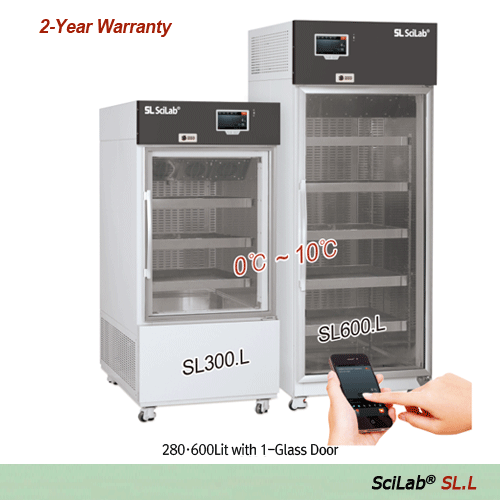 SciLab® 0℃~10℃ SMART Laboratory Refrigerator “SL.L”, 150·280·600·1300Lit, Glass Door  With Smart-LabTM System, Dual Eva-defrost. CFC-Free, Forced-air, Stainless-steel Perforated Shelf, Door Lock Device, 실험실용 다용도 냉장고