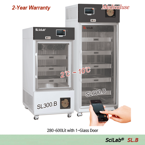 SciLab® 2℃~10℃ SMART Blood Bank Refrigerator “SL.B”, 150·280·600·1300Lit, Medicaluse  With Smart-LabTM System, CFC-Free(R-404A), Forced-air, Built in Temperature Chart Recorder, Dual Eva-defrost, Glass Door  Stainless-steel Perforated Drawer Shelf, Door L