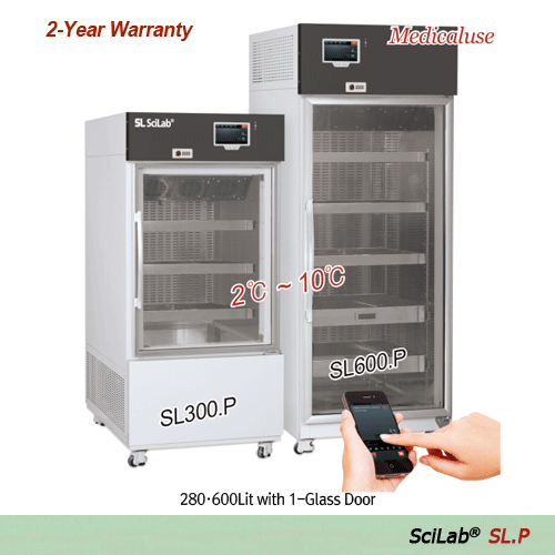 SciLab® Premium 2℃~10℃ SMART Vaccine & Pharm. Refrigerator “SL.P”, Medicaluse  With Smart-LabTM System, Dual Eva-defrost. CFC-Free(R-404A), Forced-air, 150·280·600·1300Lit, Glass Door  Stainless-steel Perforated Shelf & Perforated Drawer Shelf, Door Lock 