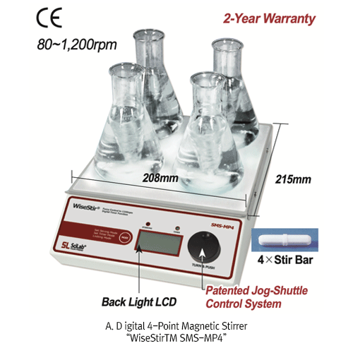 SciLab® Digital Multi-point Magnetic Stirrer “WiseStirTM SMS-MP”, 4 & 8-Points, Max. 500mℓ per Point, 80~1,200 rpm With Permanently Brushless Motor(BLDC), Digital Feedback Control, Digital LCD, Synchronous Operation, with Certi. & Traceability 4 & 8-멀티포인트