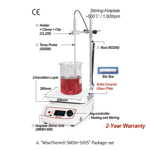 SciLab® Premium 500°C High-Temp Hotplate Stirrer “WiseTherm® SMSH-500S & 500”, Solid Ceramic Glass Plate, 200×200mm With Permanently Brushless Shade Motor(BLAC), Large LCD, Optimum Insulation Layer. Accurate Temp Control, Hot-Top Indicator, 80~1,500rpm 고온