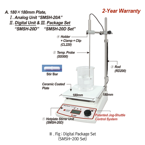 SciLab® 380°C Standard Analog & Digital Hotplate Stirrer “WiseTherm® SMSH-A” & “SMSH-D”, Ceramic-Coated Plate, 80~1,500 rpm 180×180mm or 260×260mm Plate, with Accurate Temp. Control, Superior Temp Uniformity, with Certi. & Traceability Permanently Brushle