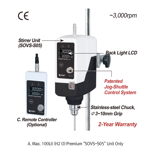 SciLab® Premium Hi-Speed Overhead Stirrer “SOVS-S05”, with Permanently Brushless Motor(BLDC), 2:1, Max. 3,000rpm With Torque(Ncm)·Viscosity(mPas)·Temperature(°C)·Real Time Display, Optional Remote Control, 50,000mPas, Max. 100Lit “Push-Through” Shaft(Φ10m
