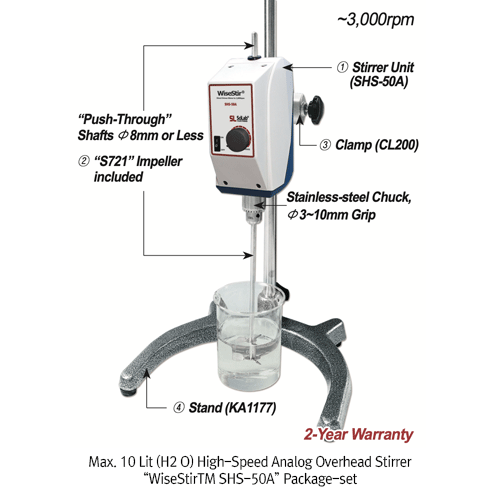 SciLab® High-Speed Analog Overhead Stirrer “WiseStirTM SHS-A”, for Low-/Middle-Viscosity, Max.10·20Lit, Max. 3,000rpm With “Push-Through” Shaft(Φ8mm or Less) and Chuck grip Φ3~10mm, Flex-Coupling Φ6~12mm, up to 5,000·10,000mPas 아날로그 고속 교반기, 저/중점도용, 사용교반봉 