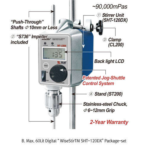 SciLab® High-Torque Digital Overhead Stirrer “WiseStirTM SHT-DX”, for Middle-/High-Viscosity, Max.40·60Lit, 60,000·90,000mPas With “Push-Through” Shaft(Φ10mm or Less) and Chuck grip Φ6~12mm, Flex-Coupling Φ6~16mm, Max.1,000rpm  중/고점도용 강력교반기, 사용교반봉 ; ··기본은