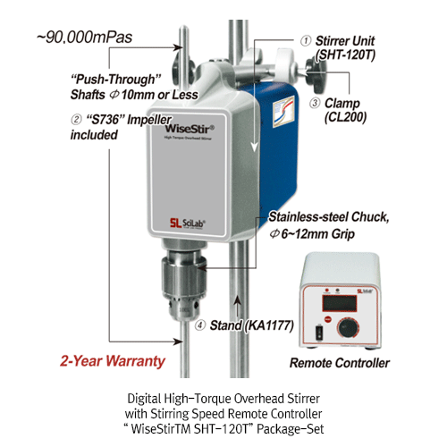 SciLab® Remote Control High-Torque Digital Overhead Stirrer “WiseStirTM SHT-T”, for Middle-/High-Viscosity, Max.40·60·100Lit With “Push-Through” Shaft(Φ10mm or Less) and Chuck grip Φ6~12mm, Flex-Coupling Φ6~16mm, 120,000mPas, Max.1,000rpm 원격조절식 디지털 중/고점도용