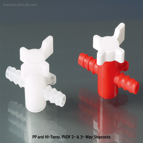 Burkle® PP and High-Temp PVDF 2- & 3-Way Stopcock, for Gas or Liquid, for Φ5~13mm With Mounting Plate, 1bar, Bore Φ4~8mm, <Germany-Made> PP 혹은 내열 내약품성 PVDF 콕