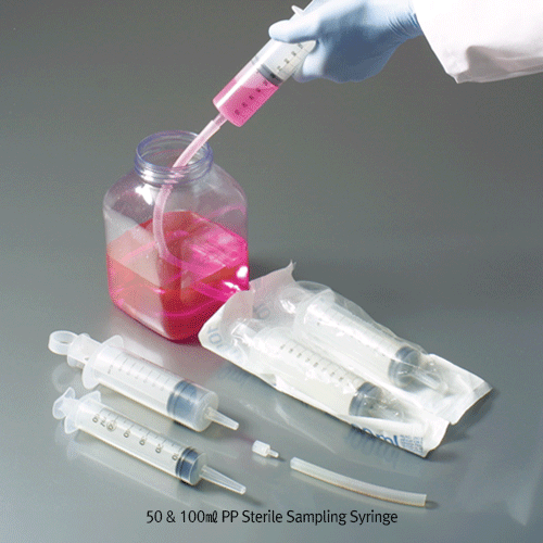 Burkle® 50 & 100mℓ PP Sterile Sampling Syringe, Graduated  With Luer Adapter(for 100mℓ), Individually Packed, -10°C+125/140°C, 살균 샘플 시린지