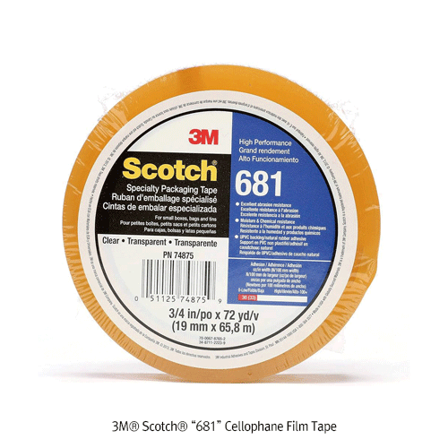 3M® Scotch® “681” Cellophane Film Tape, with Pressure Sensitive Rubber Resin, up to 140°C Ideal for High-Temperature Packaging, Adhesive to a Variety of Materials, 라이트 듀티 테이프