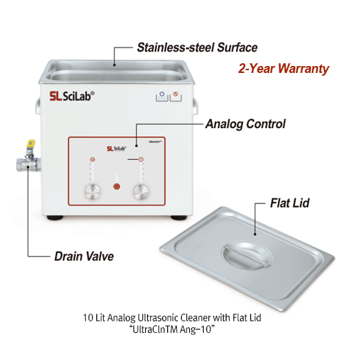 SciLab® Analog Ultrasonic Cleaner “UltraClnTM Ang”, Timer/Temp Output Controller, with Certi. & Traceability, 1.2~22 Lit With Stainless-steel Flat Lid, Highly Effective Cleaning, up to 85°C, 0~30min, 40kHz Frequency, without Basket  초음파 세척기, 온도 및 시간 설정, 고