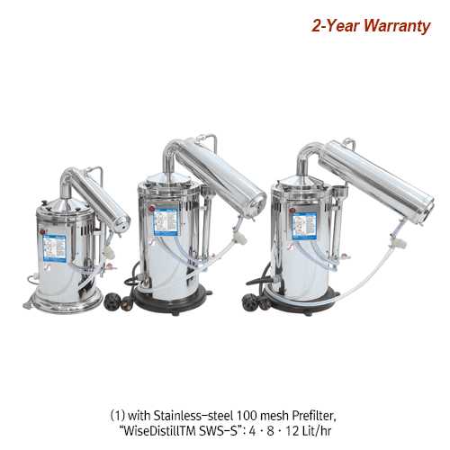 SciLab® Electric Classic Water Still “WiseDistillTM SWS”, All Stainless-steel, Built-in Prefilter & Auto On/Off system For Laboratory Water, Pyrogen-free, 0.3MΩ··cm(resistivity), pH5.4 to 7.3, Capa. 4·8·12 Lit/hr  (1) with Stainless-steel 100 mesh Prefilt