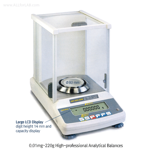 Kern® 0.01mg~220g High-professional Analytical Balances, “ABT”, Single-cell Weighing System고정밀-분석 / 화학천평, 다기능, Int-CAL 내부자동보정, with Multi-function : ex. Density-measure