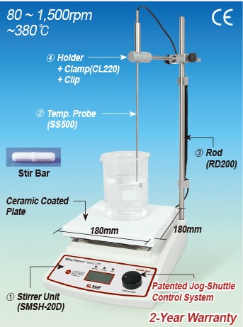 SciLab® 380℃ Digital Hotplate Stirrer “WiseTherm® SMSH-D”, Ceramic-Coated Plate, ±0.3℃, with Certi. & Traceability with Digital Feedback Control, Accurate Temp. Control, 180×180mm- or 260×260mm- Plate, 80 ~ 1,500 rpm 디지털 가열 자력 교반기, 디지털 피드백 온도 제어, 우수한 온도균일