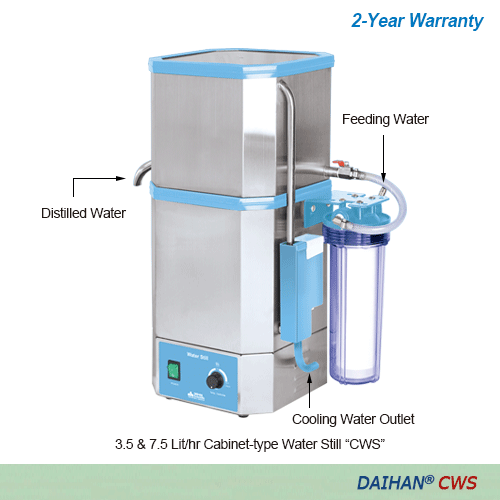 DAIHAN® 3.5 & 7.5 Lit/hr Electric Classic Water Still “CWS”, Compact Cabinet-type, All Stainless Steel Good for Laboratory Water, Double Wall Still Chamber, Built-in PP 1㎛ pore Cartridge Prefilter, Auto On/Off System 스텐레스 사각 증류수 제조기, 필터부착형