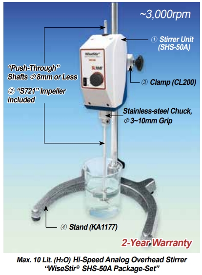 SciLab® High-Speed Analog Overhead Stirrers “WiseStir® SHS-A”, for Low-/Middle-Viscosity, Max.10/20Lit, Max. 3,000rpm with “Push-Through” Shaft(Φ8mm or Less) and Chuck grip Φ3~10mm, Flex-Coupling Φ6~12mm, up to 50,000 mPas