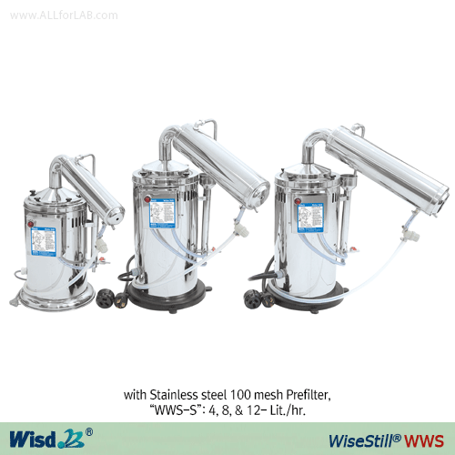 SciLab-brand® Electric Classic Water Stills, “WiseDistillTM SWS”, Built-in Prefilter & Auto. On/Off system for Laboratory Water, pyrogen-free/0.3megohm·cm(resistivity)/pH5.4 to 7.3, Capa. 4-/8-/12-Lit./hr. (1) with Stainless-steel 100 mesh Prefilter, (2) 