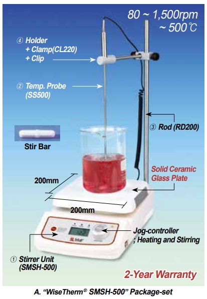 SciLab® 500℃ Hi-Temp. Digital Hotplate Stirrers “WiseTherm® SMSH-500”, Solid Ceramic Glass Plate, 200×200mm with Digital Feedback Control, Accurate Temp. Control, Touch-button Controller, Hot Top Indicator, 80~1,500rpm, Max. 500℃, ±0.3℃ 고온용 디지털 가열 자력 교반기,